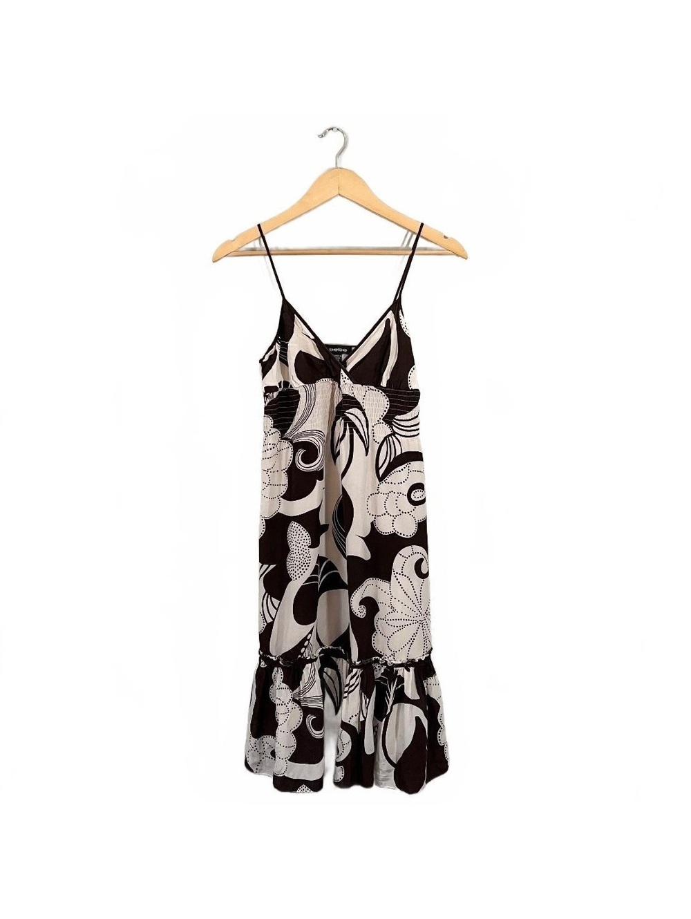 Y2K Bebe Silk Brown White Floral Spaghetti Strap Midi Dress 2000’s Summer